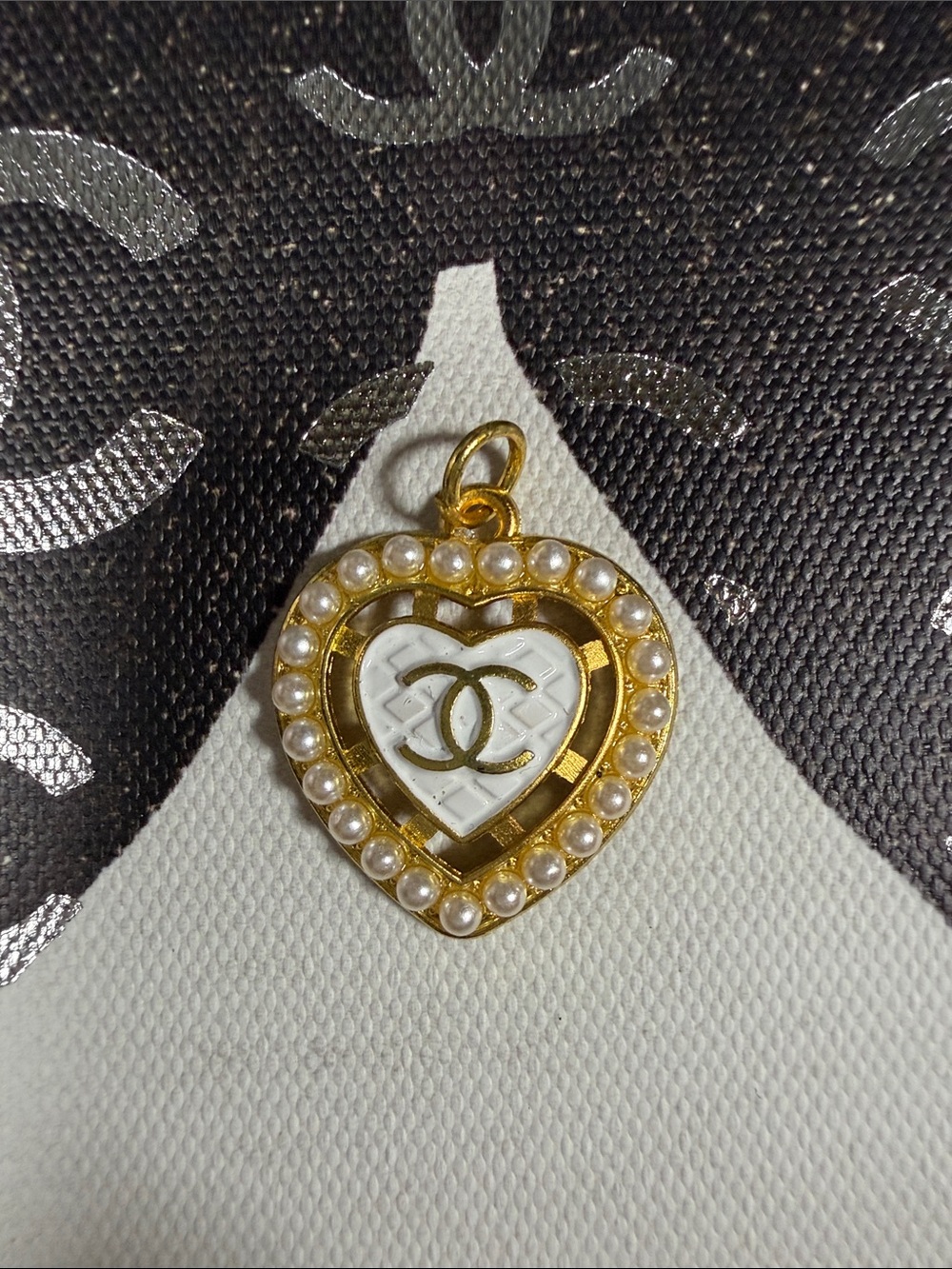 Upcycled CC White Quilted Heart Pearl Pendant Charm for Necklace DIY
